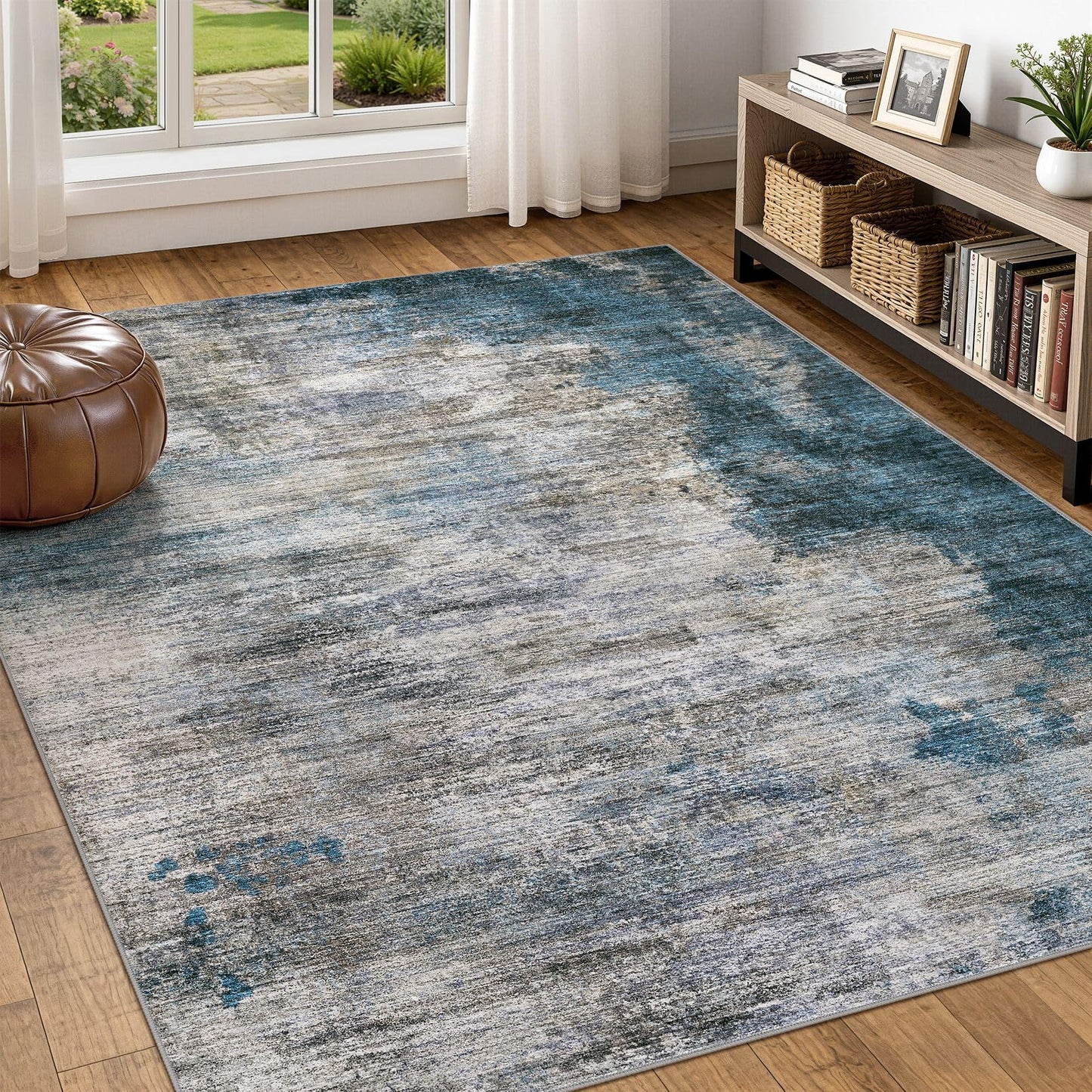 DMOYEST 8x10 Area Rug for Living Room Washable Abstract Indoor Carpet | Neutral Modern Low Pile Rugs Kid & Pet Friendly Large Soft Thin Carpet for Bedroom Dining Room - Grey Blue