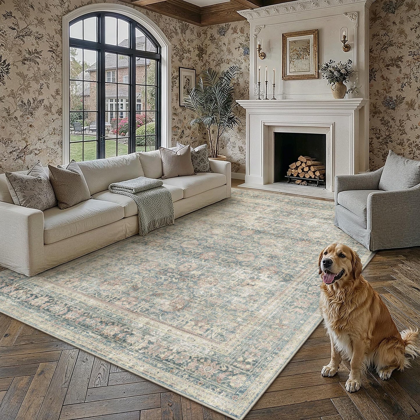 8x10 Area Rug Brown Vintage Distressed Carpet | Washable, Non Slip, Soft Low Pile, Indoor Retro Rugs for Large Living Room, Dining Room, Bedroom
