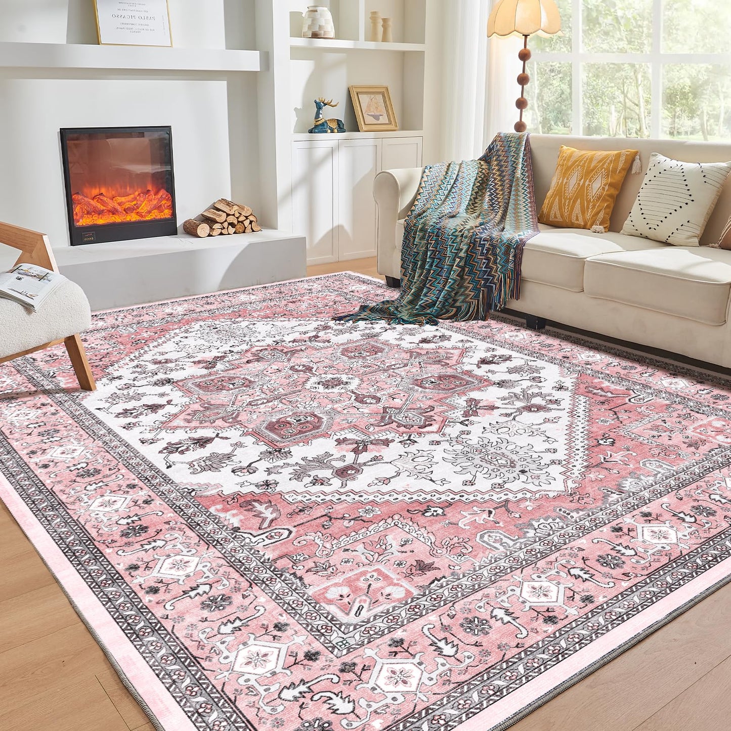 OPPODREAM Soft Area Rugs 5x7, Persian-Inspired Washable Rug, Blue & Gold | Low-Pile Faux Cashmere Surface, TPR Non-Slip Backing, 5 x 7 Carpet for Bedroom, Office, Dorm, Dining Room