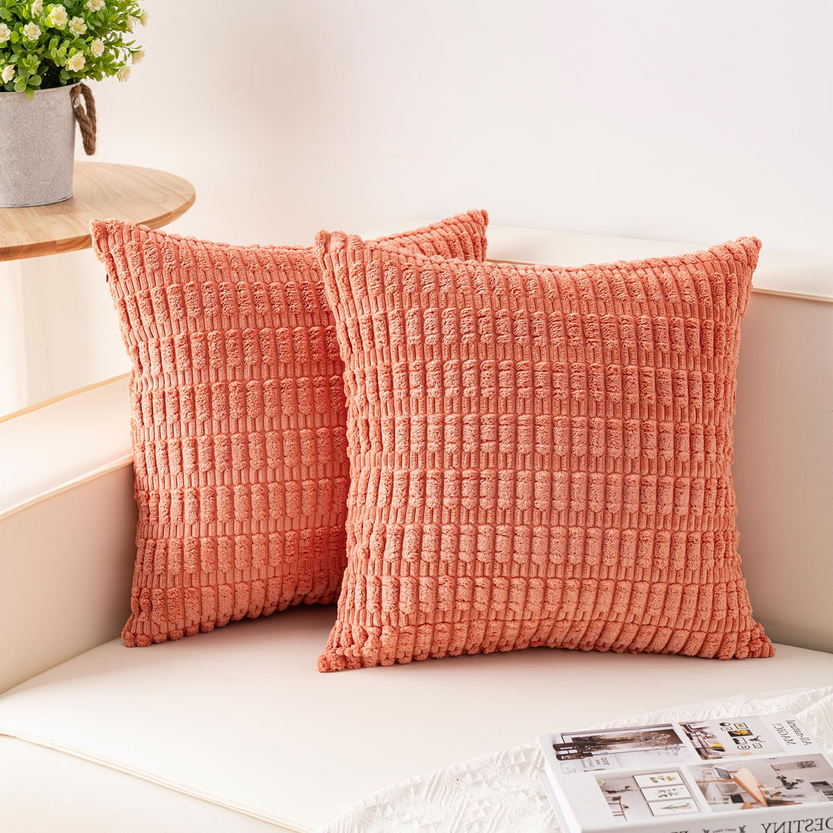 Pack of 2 Corduroy Decorative Throw Pillow Covers 18x18 Inch, Cream White | Fall Soft Striped Pillow Covers Modern Farmhouse Home Decor Christmas Throw Pillow Covers for Sofa Living Room Couch Bed ﻿