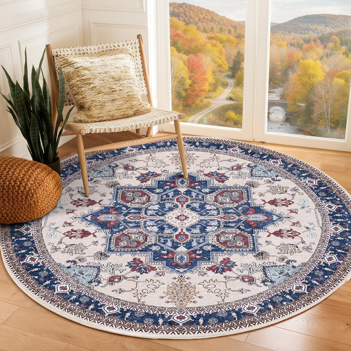 OPPODREAM Soft Area Rugs 5x7, Persian-Inspired Washable Rug, Blue & Gold | Low-Pile Faux Cashmere Surface, TPR Non-Slip Backing, 5 x 7 Carpet for Bedroom, Office, Dorm, Dining Room