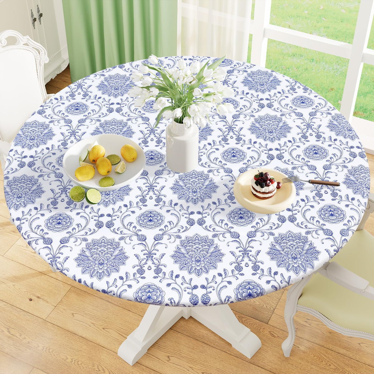 Round Fitted Tablecloth with Elastic Edge, 100% Waterproof Oil Proof Plastic Table Cover, Vinyl Flannel Backed Tablecloth Fits 36"-44" Round Tables for Dinner, Outdoor, Picnic, Oak Wooden Grain