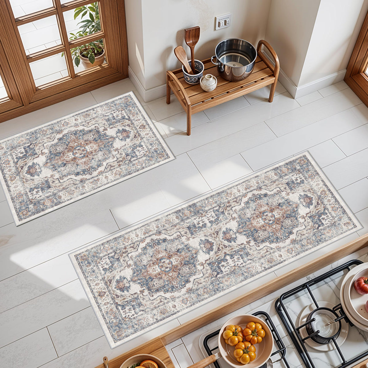 2x6 Hallway Washable Runner Rug : Vintage Soft Kitchen Laundry Runner with Non Slip Backing Farmhouse Entryway Living Room Floor Mat Stain Resistant Carpet for Bedroom Bathroom Distressed Beside Rug