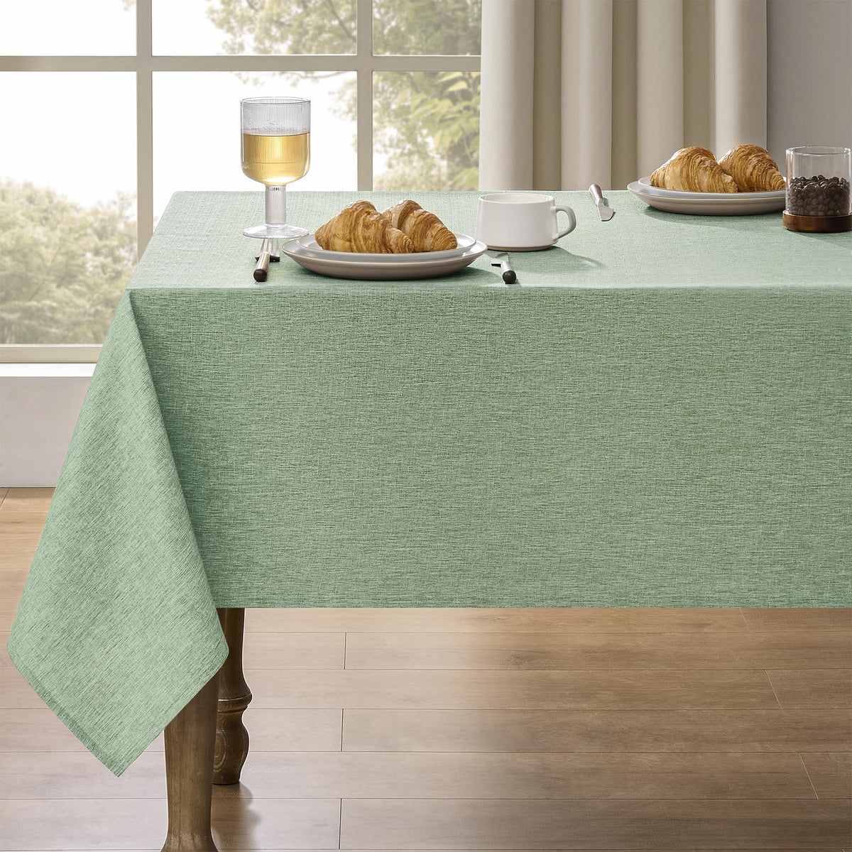 Decorelia Faux Linen Round Tablecloths 60 inch, Waterproof Decorative Washable Texture Rustic Circle Table Cloth Cover for Dining Kitchen Party Farmhouse Outdoor(Round (2-4 Seats),Sage Green)