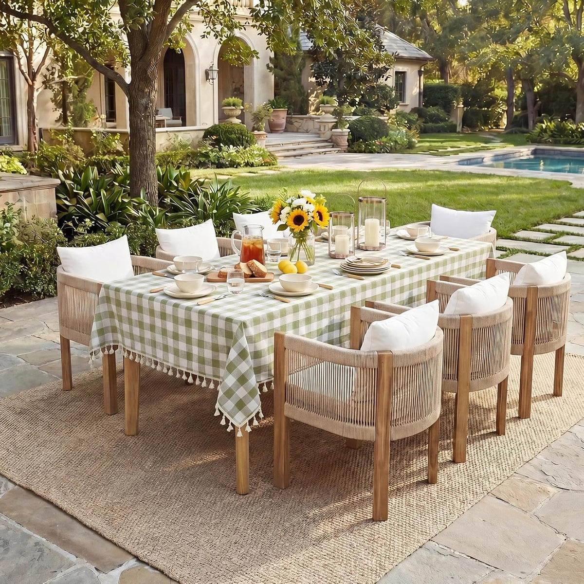 Softalker Outdoor Checkered Tablecloth, Linen Cotton Gingham Table Cloths for 6 Foot Rectangle Tables with Tassel, Heavy Duty Wrinkle Free Plaid Table Cover for Picnic Camping - 55 x 84 Inch, Sage