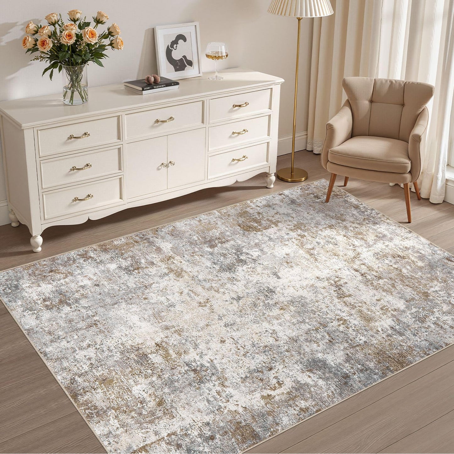 UERMEI 9x12 Area Rug Living Room Rugs - Washable Neutral Modern Abstract Soft Thin Large Rug Indoor Floor No Slip Rug Carpet for Bedroom Under Dining Table Home Office Decor - Brown Grey