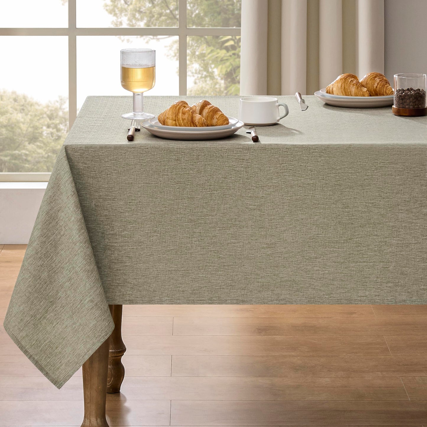 Decorelia Faux Linen Round Tablecloths 60 inch, Waterproof Decorative Washable Texture Rustic Circle Table Cloth Cover for Dining Kitchen Party Farmhouse Outdoor(Round (2-4 Seats),Sage Green)