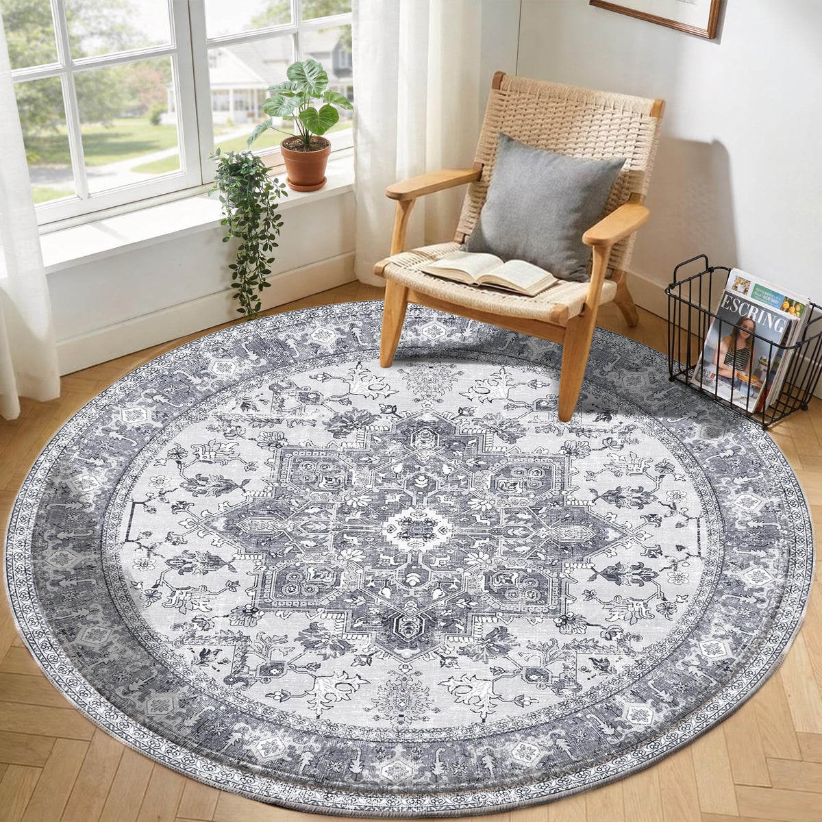 OPPODREAM Soft Area Rugs 5x7, Persian-Inspired Washable Rug, Blue & Gold | Low-Pile Faux Cashmere Surface, TPR Non-Slip Backing, 5 x 7 Carpet for Bedroom, Office, Dorm, Dining Room