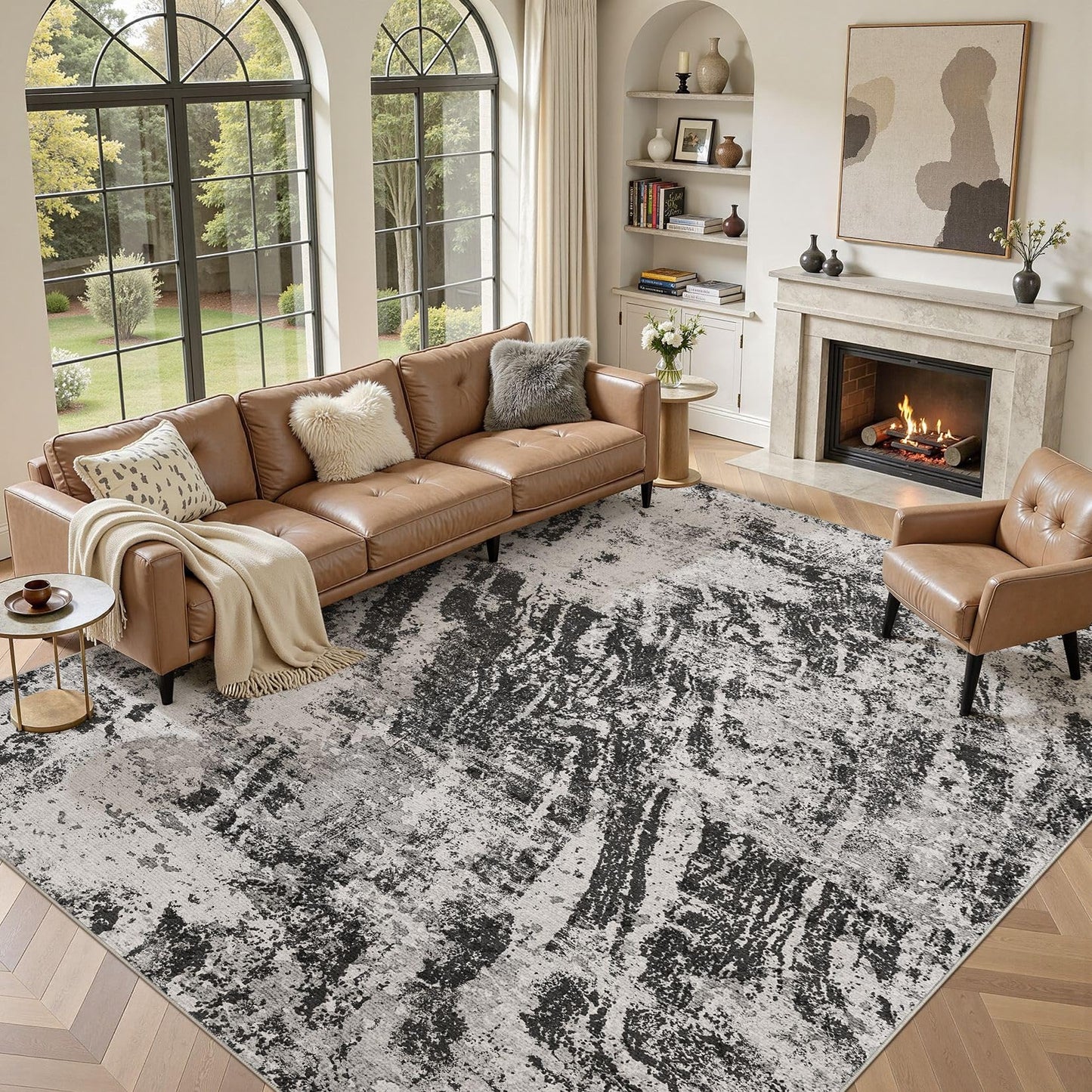 DMOYEST 8x10 Area Rug for Living Room Washable Abstract Indoor Carpet | Neutral Modern Low Pile Rugs Kid & Pet Friendly Large Soft Thin Carpet for Bedroom Dining Room - Grey Blue