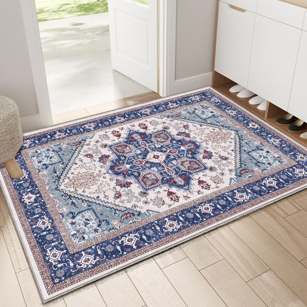 OPPODREAM Soft Area Rugs 5x7, Persian-Inspired Washable Rug, Blue & Gold | Low-Pile Faux Cashmere Surface, TPR Non-Slip Backing, 5 x 7 Carpet for Bedroom, Office, Dorm, Dining Room