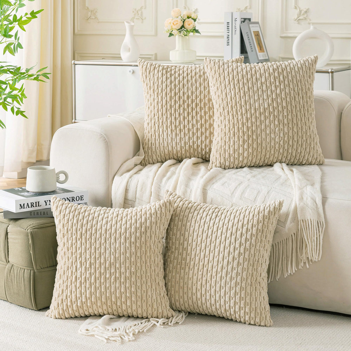 Set of 4 Neutral Decorative Throw Pillow Covers 18x18 Inch Corduroy Pillow Covers for Bed Couch Sofa Living Room Soft Square Cushion Cases