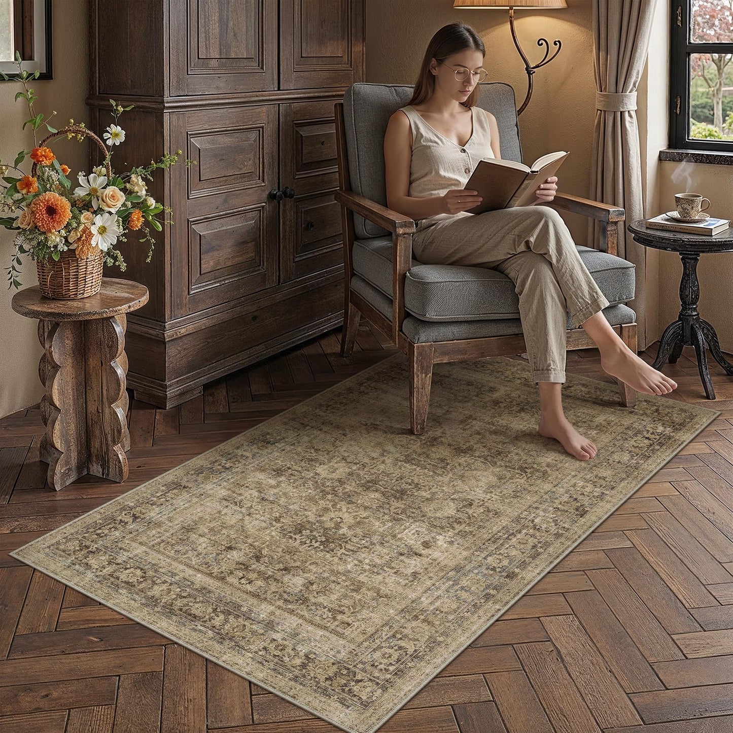 8x10 Area Rug Brown Vintage Distressed Carpet | Washable, Non Slip, Soft Low Pile, Indoor Retro Rugs for Large Living Room, Dining Room, Bedroom
