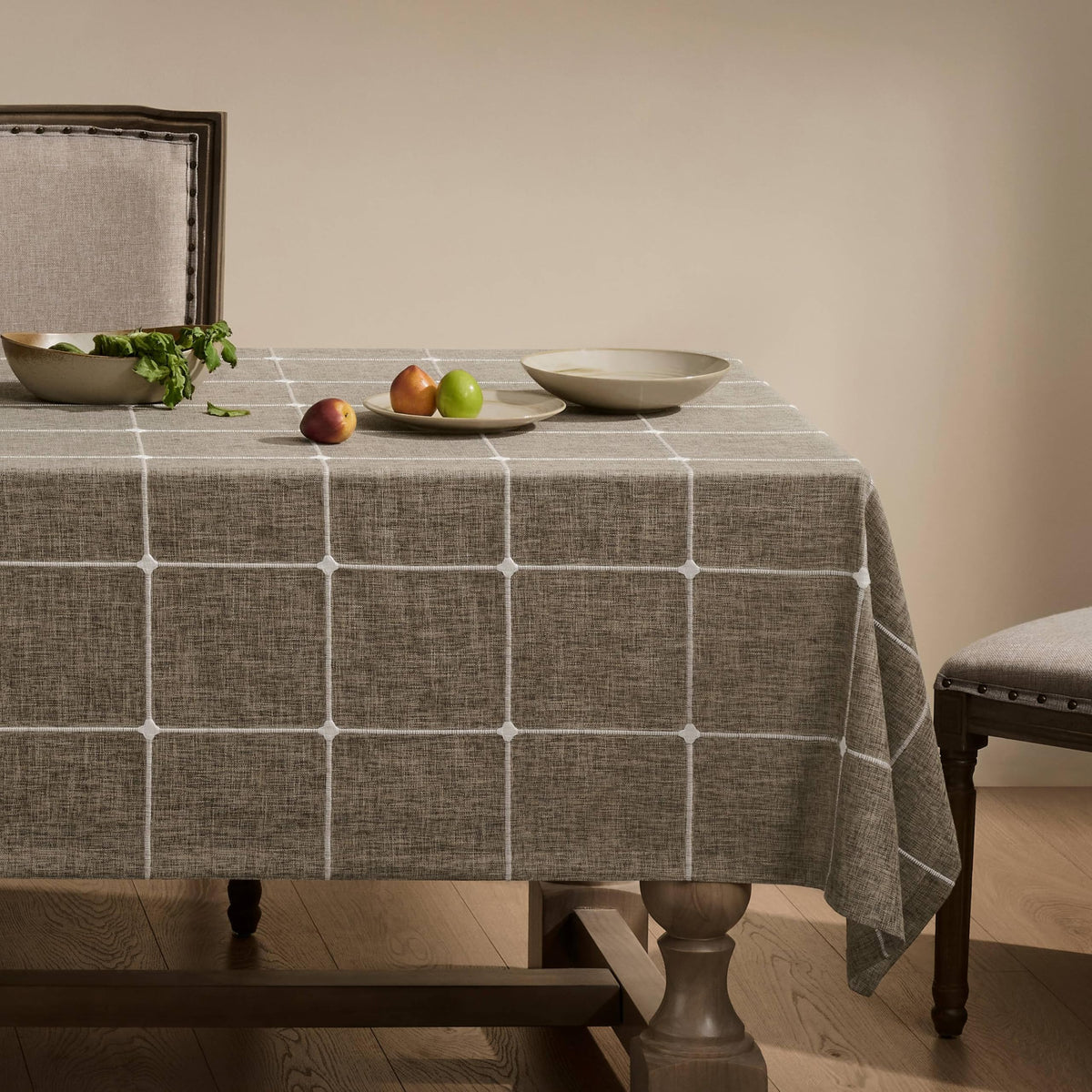 Grid Embroidered Rectangle Hemmed Tablecloths 60x120in, Blue | Heavy Weight Non-sheer Linen Fabric, Mitered Corner Finish, Water Resistant Farmhouse Table Cover, Boho Plaid Home Decor