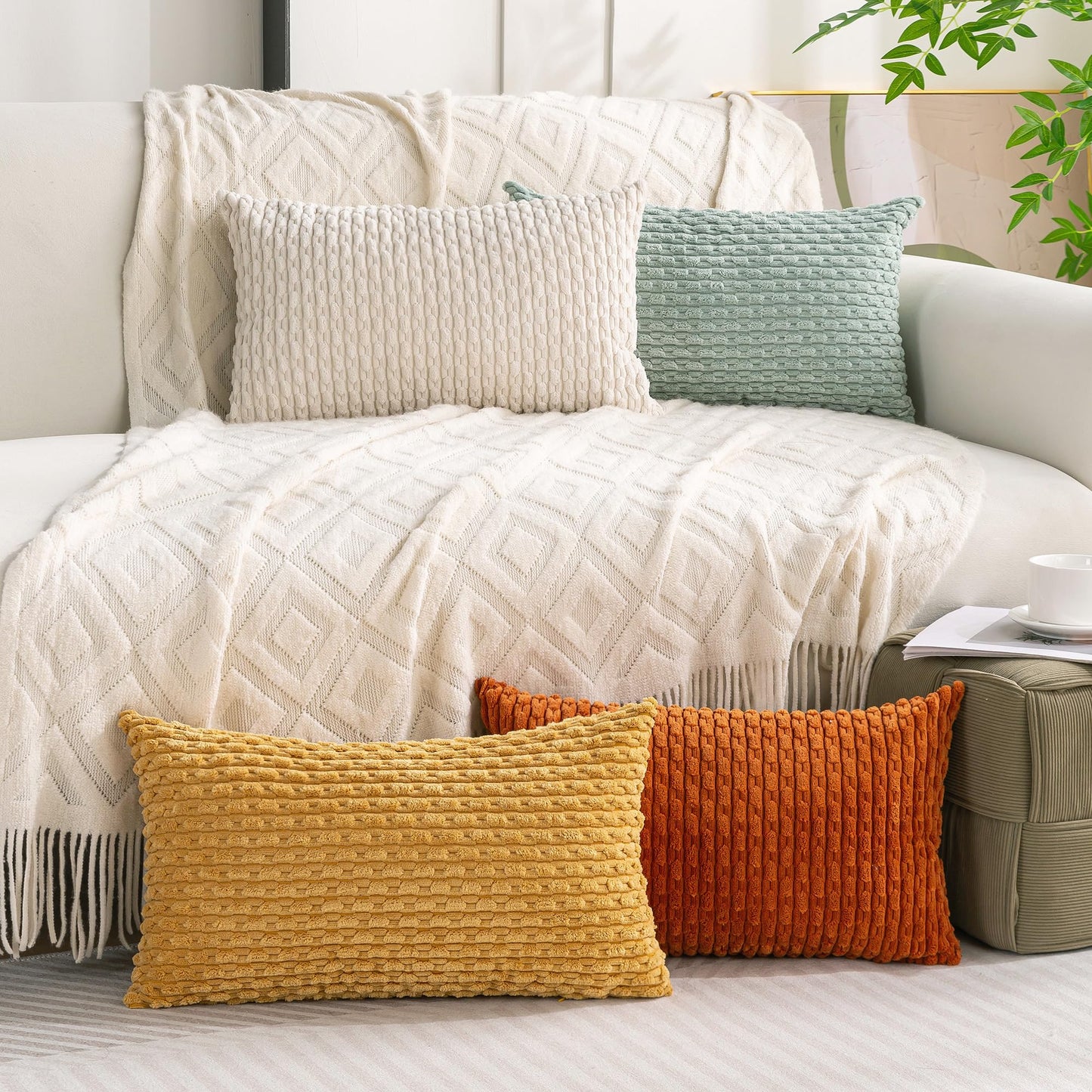 Set of 4 Neutral Decorative Throw Pillow Covers 18x18 Inch Corduroy Pillow Covers for Bed Couch Sofa Living Room Soft Square Cushion Cases