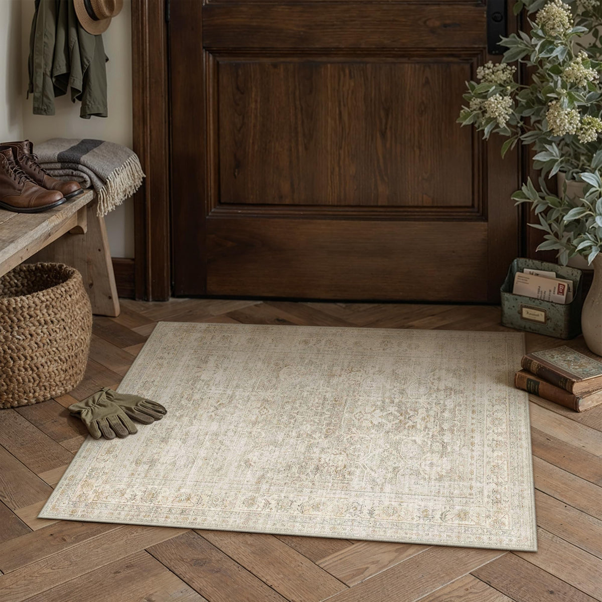 8x10 Area Rug Brown Vintage Distressed Carpet | Washable, Non Slip, Soft Low Pile, Indoor Retro Rugs for Large Living Room, Dining Room, Bedroom