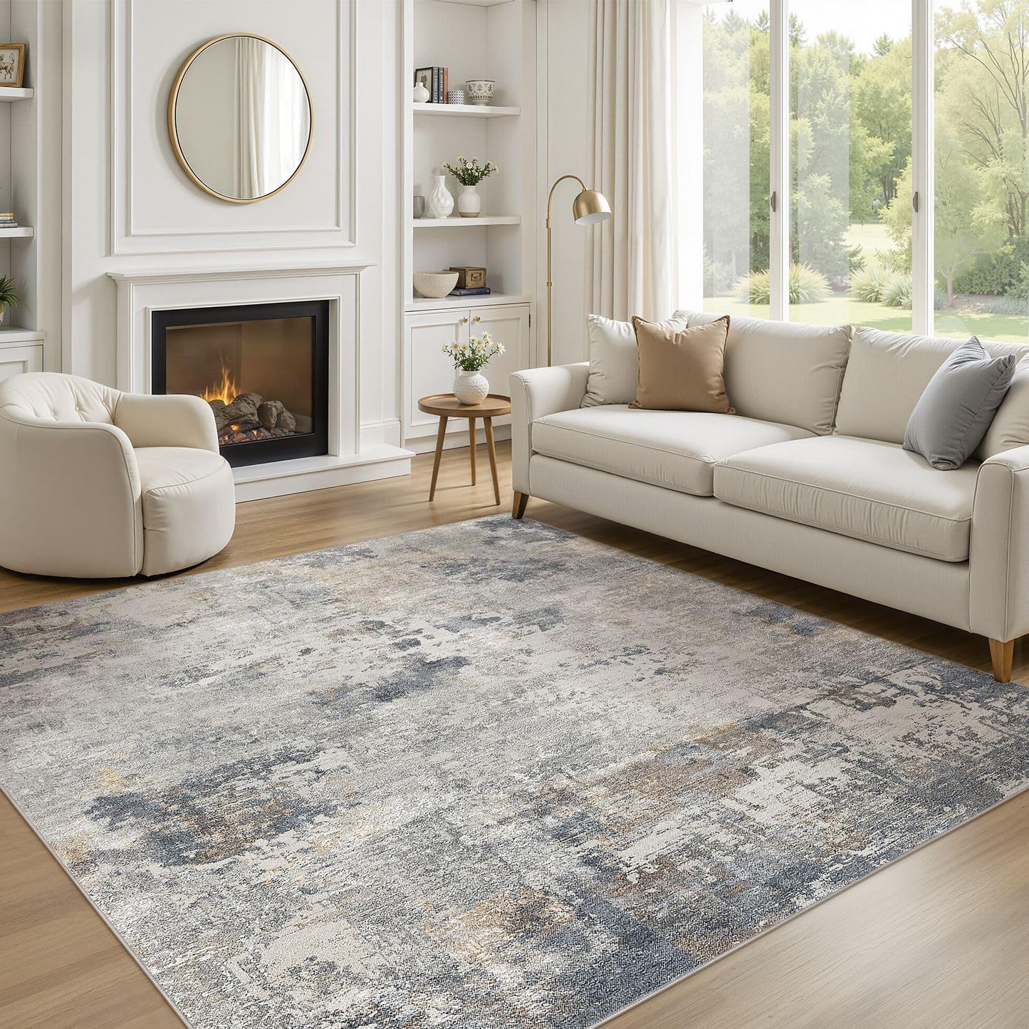 UERMEI 9x12 Area Rug Living Room Rugs - Washable Neutral Modern Abstract Soft Thin Large Rug Indoor Floor No Slip Rug Carpet for Bedroom Under Dining Table Home Office Decor - Brown Grey