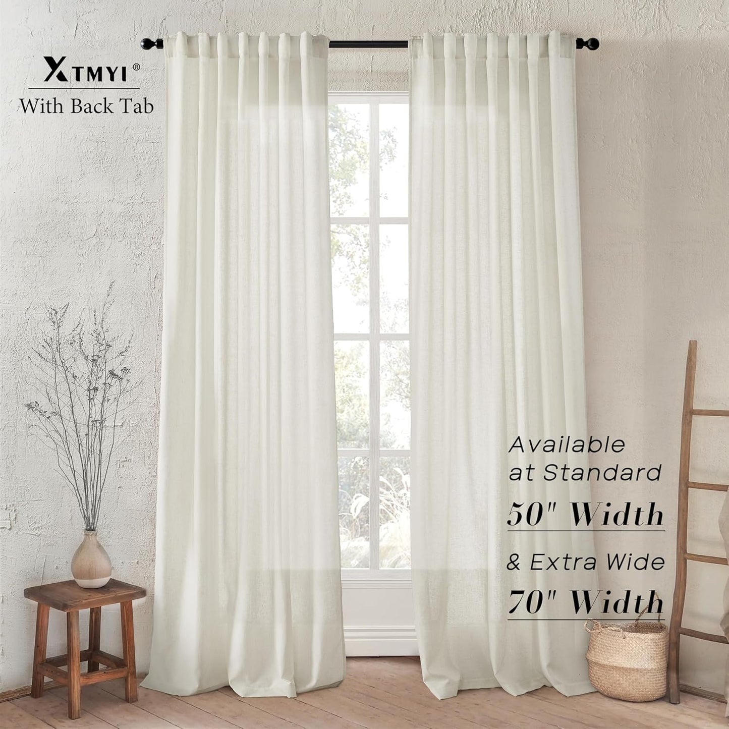 Linen Cotton Curtains for Living Room, Cream Off White Natural Fabric Light Filtering Semi Sheer Curtains 84 Inches Long, Ivory Pleated Farmhouse Curtain Drapes 84 Inch Length 2 Panels Set Dining Room