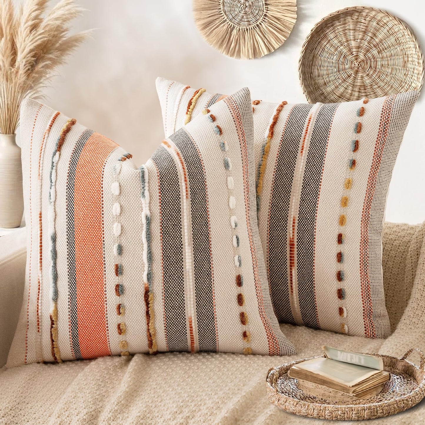 ANRODUO Boho Decorative Pillow Covers Olive Green Stripe 18x18 Pack of 2 | Throw Pillow Covers, Farmhouse Cushion Case, Chenille Pillow Cases, Pillow Covers, Accent Neutral Pillowcase for Couch Bed