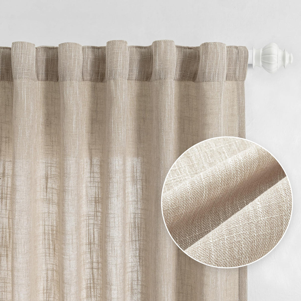 MYSKY HOME Linen Curtains for Living Room, Natural Semi Sheer Curtains & Drapes 84 inches Length 2 Panels Set Farmhouse Country Boho Style Back Tab Draperies for Sliding Glass Door, 50" Wide, Linen