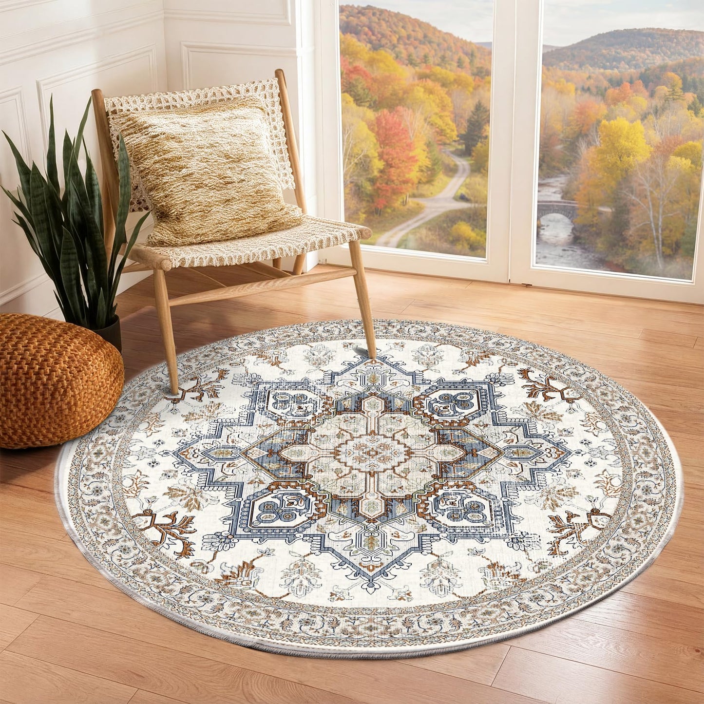 OPPODREAM Soft Area Rugs 5x7, Persian-Inspired Washable Rug, Blue & Gold | Low-Pile Faux Cashmere Surface, TPR Non-Slip Backing, 5 x 7 Carpet for Bedroom, Office, Dorm, Dining Room