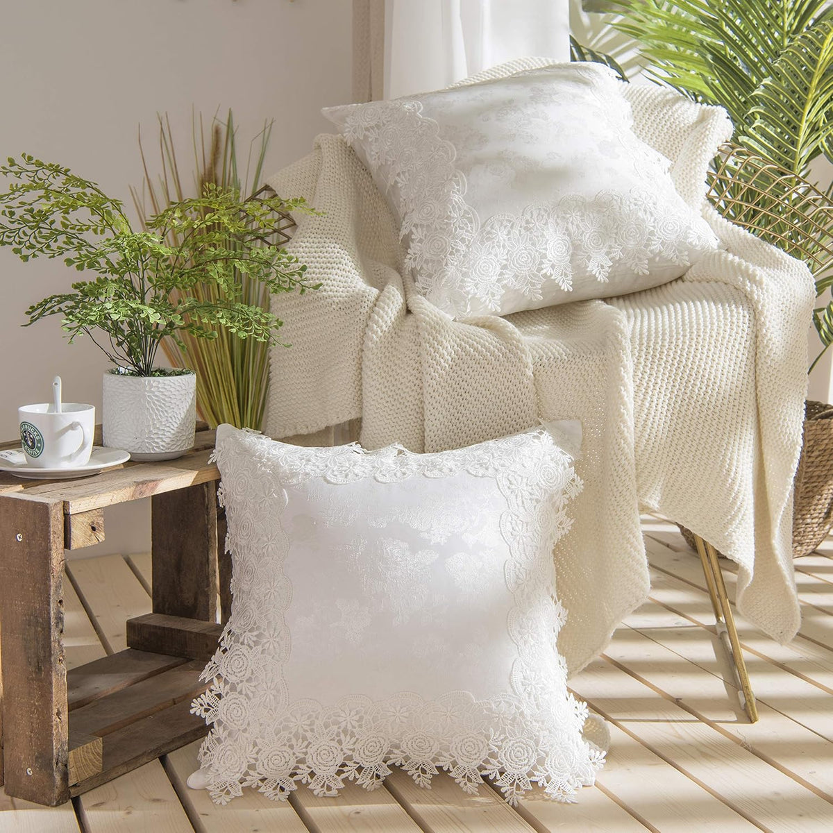 Jacquard Throw Pillow Covers French Cushion Cover Embroidery Lace Throw Pillow Cases for Couch Sofa Farmhouse Home Decoration Square 18 x18 Inch Set of 2 White
