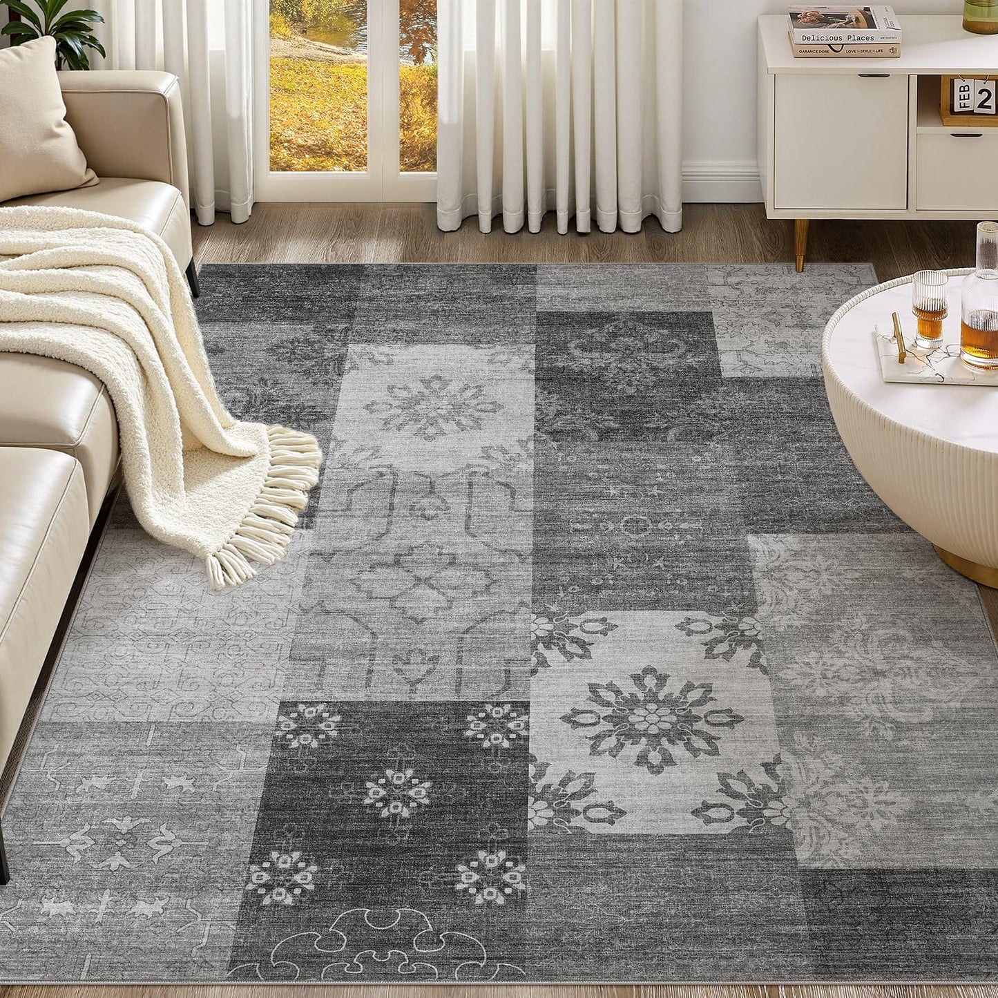 UERMEI 9x12 Area Rug Living Room Rugs - Washable Neutral Modern Abstract Soft Thin Large Rug Indoor Floor No Slip Rug Carpet for Bedroom Under Dining Table Home Office Decor - Brown Grey