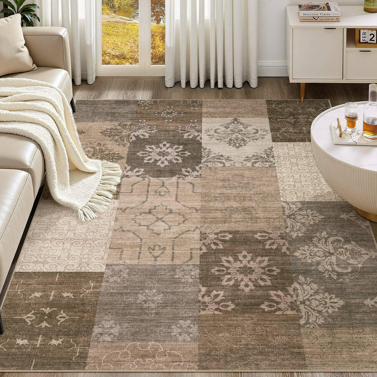 UERMEI 9x12 Area Rug Living Room Rugs - Washable Neutral Modern Abstract Soft Thin Large Rug Indoor Floor No Slip Rug Carpet for Bedroom Under Dining Table Home Office Decor - Brown Grey