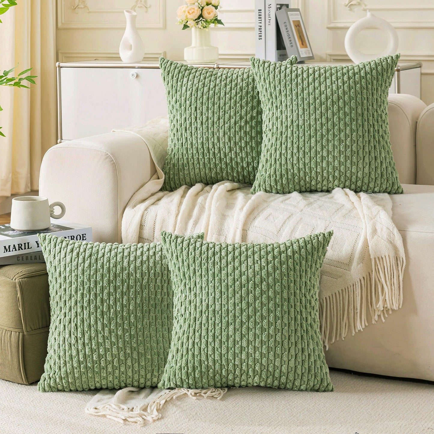 Set of 4 Neutral Decorative Throw Pillow Covers 18x18 Inch Corduroy Pillow Covers for Bed Couch Sofa Living Room Soft Square Cushion Cases