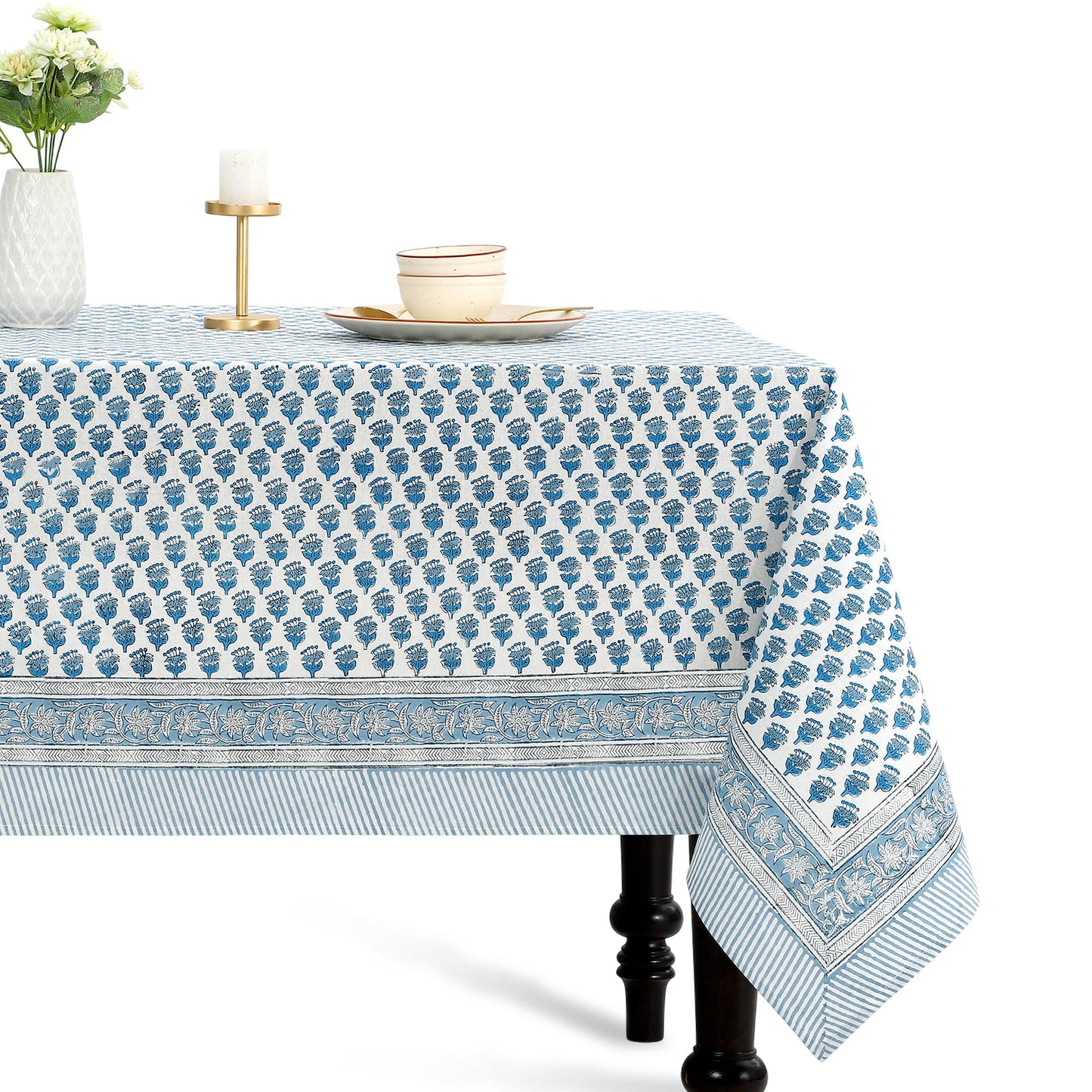 CPC Tablecloth 100% Cotton 70x108 Inch Indian Block Print Rectangle Table Cover, Blue Table Cloth for Weddings, Spring/Summer, Barbeque - Apatite Blue