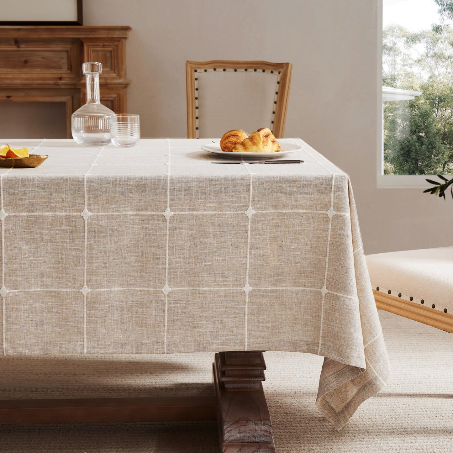 Grid Embroidered Rectangle Hemmed Tablecloths 60x120in, Blue | Heavy Weight Non-sheer Linen Fabric, Mitered Corner Finish, Water Resistant Farmhouse Table Cover, Boho Plaid Home Decor