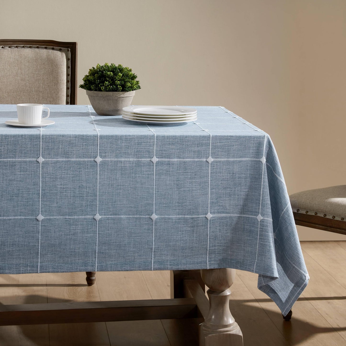 Grid Embroidered Rectangle Hemmed Tablecloths 60x120in, Blue | Heavy Weight Non-sheer Linen Fabric, Mitered Corner Finish, Water Resistant Farmhouse Table Cover, Boho Plaid Home Decor