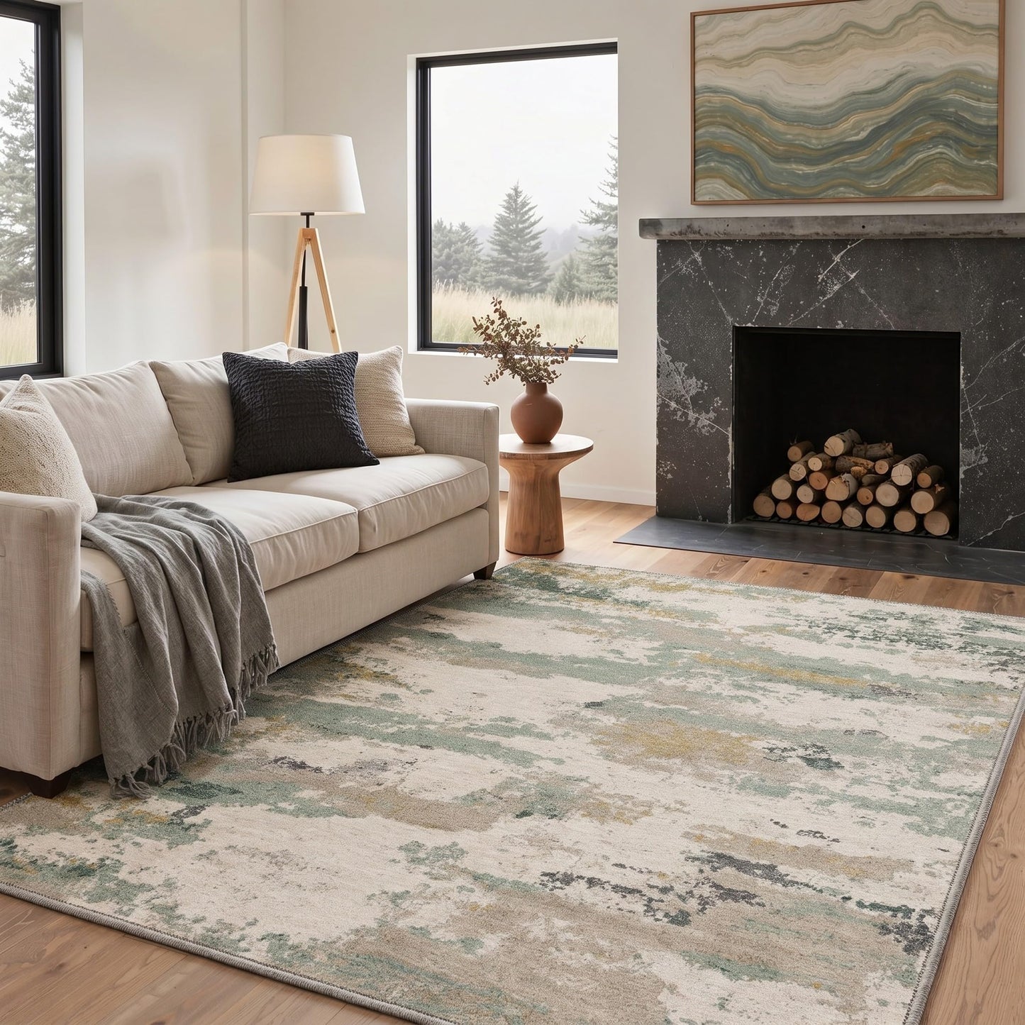 BEIMO 5x7 Green Abstract Area Rug, Washable Non-Slip for Bedroom | Soft Low-Pile Carpet, Lightweight and Easy to Vacuum, Sage Living Rooms, Dining Rooms, Bedrooms, and Home Offices