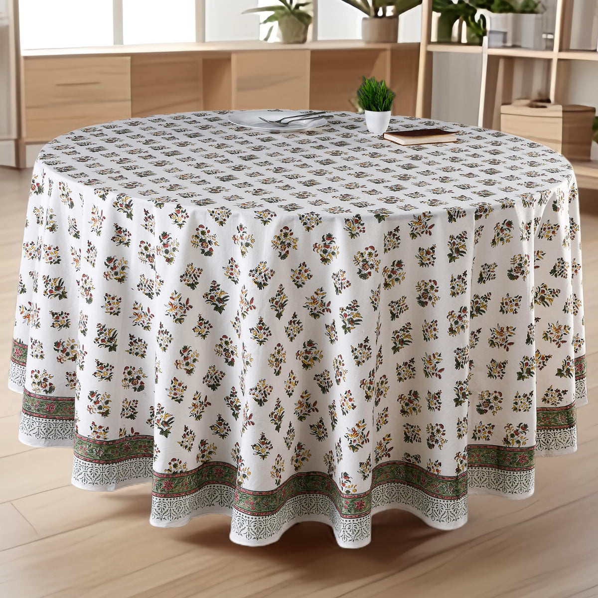 CPC Apatite Blue Block Print Cotton Handmade Round Tablecloth 110 Inch Decorative Table Cover for Home Decor, Dinning, Festive, Wedding, Farmhouse Gift for Spring, Mother's Day