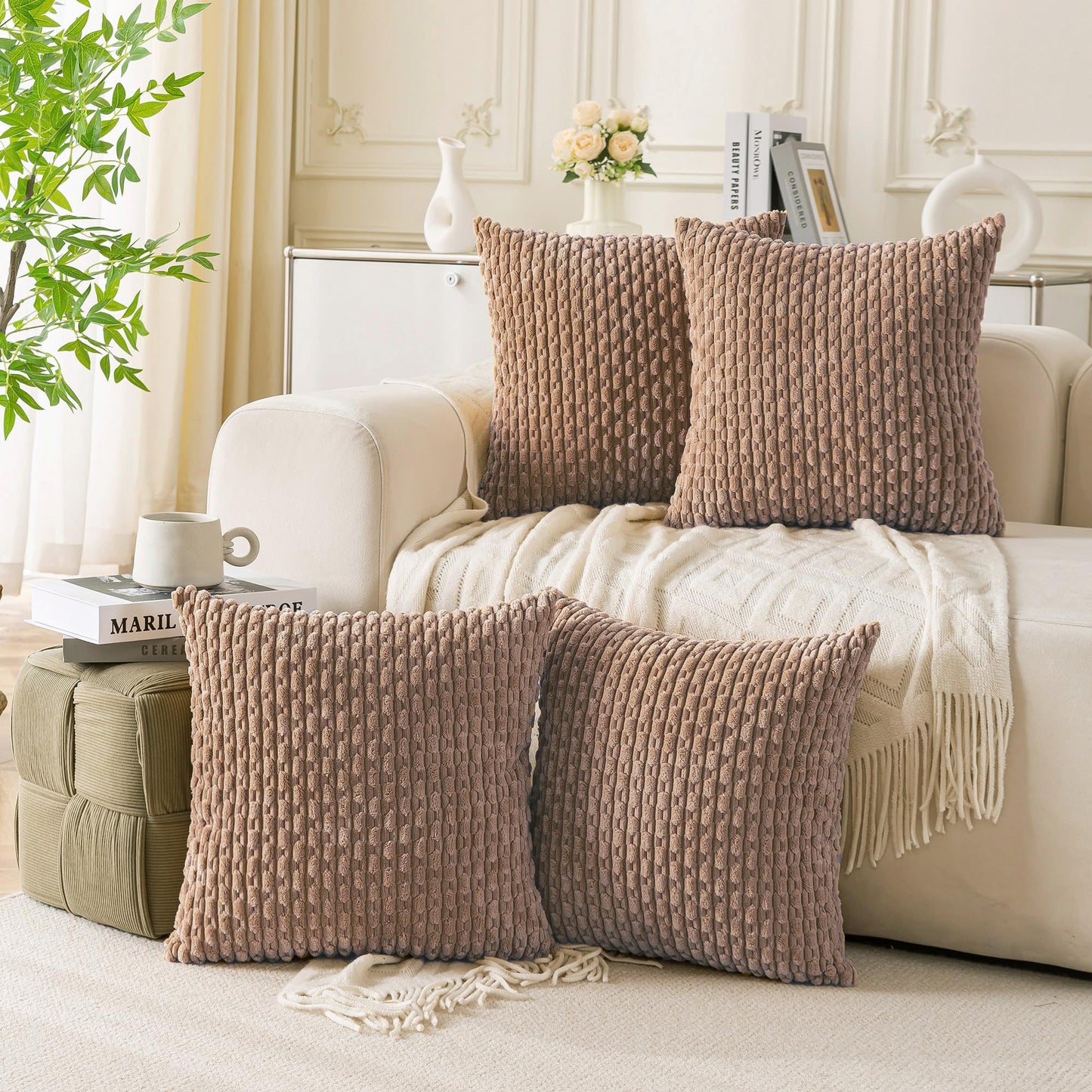 Set of 4 Neutral Decorative Throw Pillow Covers 18x18 Inch Corduroy Pillow Covers for Bed Couch Sofa Living Room Soft Square Cushion Cases