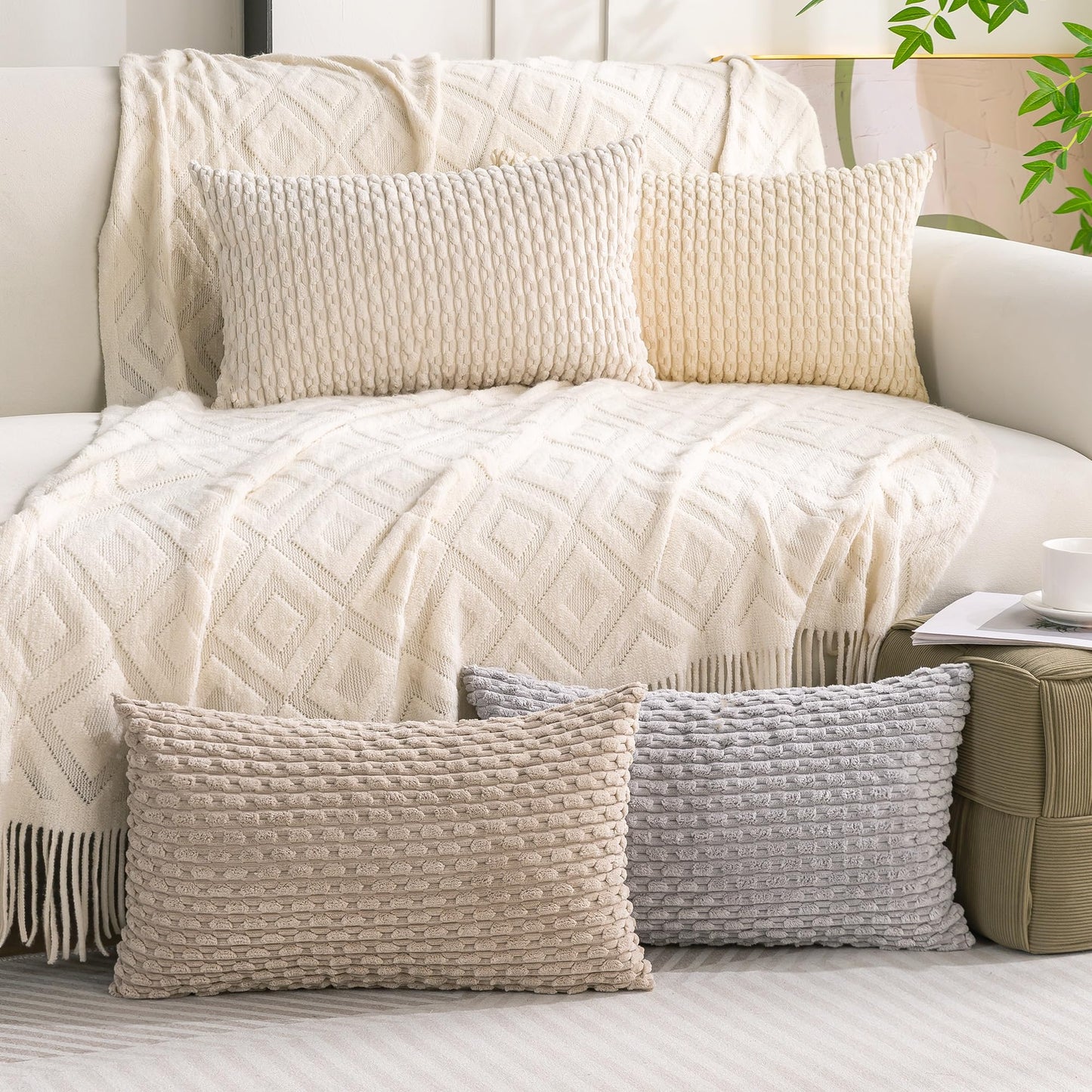 Set of 4 Neutral Decorative Throw Pillow Covers 18x18 Inch Corduroy Pillow Covers for Bed Couch Sofa Living Room Soft Square Cushion Cases