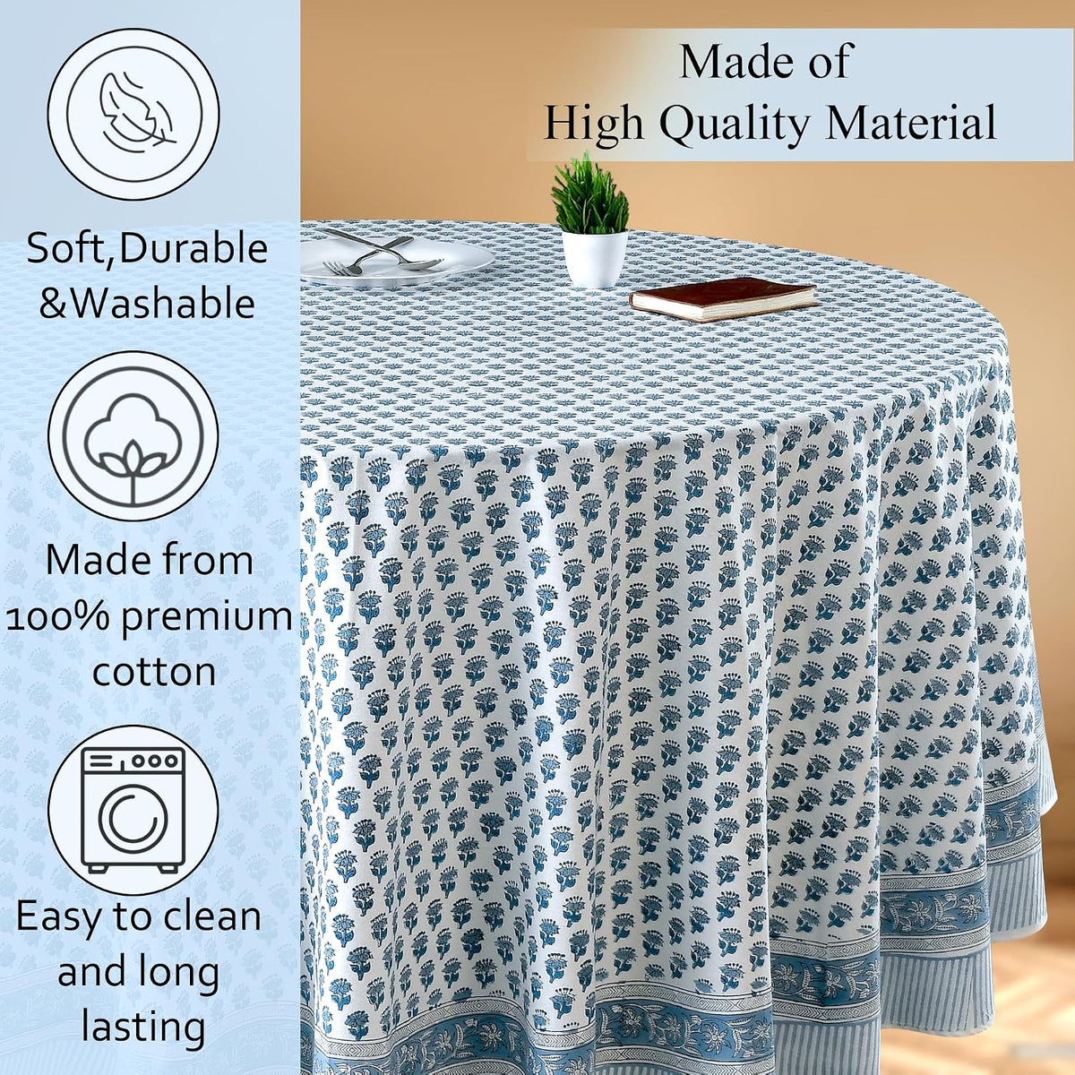 CPC Apatite Blue Block Print Cotton Handmade Round Tablecloth 110 Inch Decorative Table Cover for Home Decor, Dinning, Festive, Wedding, Farmhouse Gift for Spring, Mother's Day