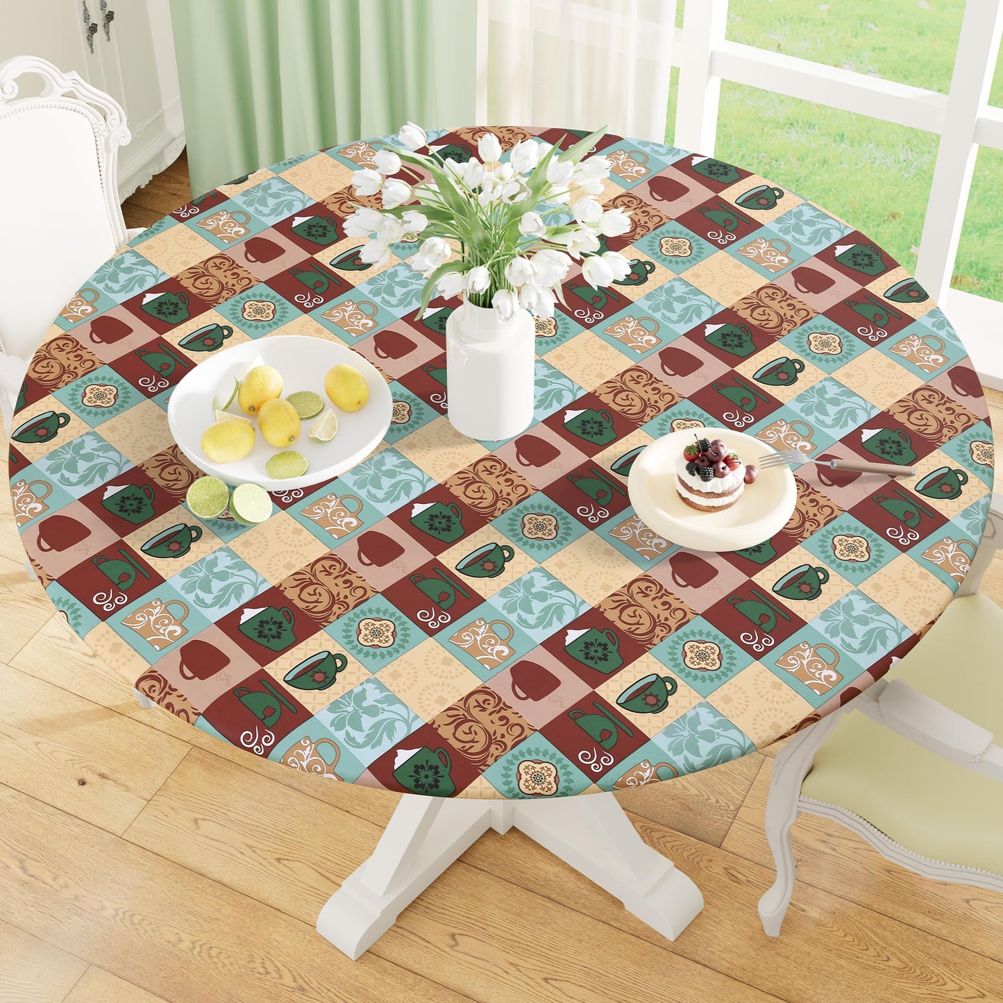 Round Fitted Tablecloth with Elastic Edge, 100% Waterproof Oil Proof Plastic Table Cover, Vinyl Flannel Backed Tablecloth Fits 36"-44" Round Tables for Dinner, Outdoor, Picnic, Oak Wooden Grain