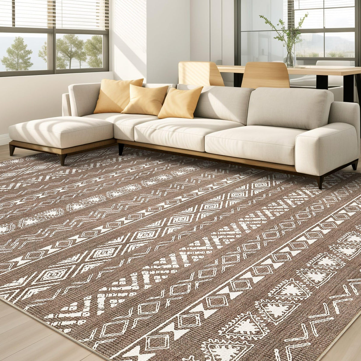 kakania 9x12 Washable Area Rug: Non Slip Soft Thin Carpet, Boho Geometric Modern Decor, Easy Clean Indoor Floor Large Rugs for Living Room Bedroom Kids Dorm Office Dining - Brown