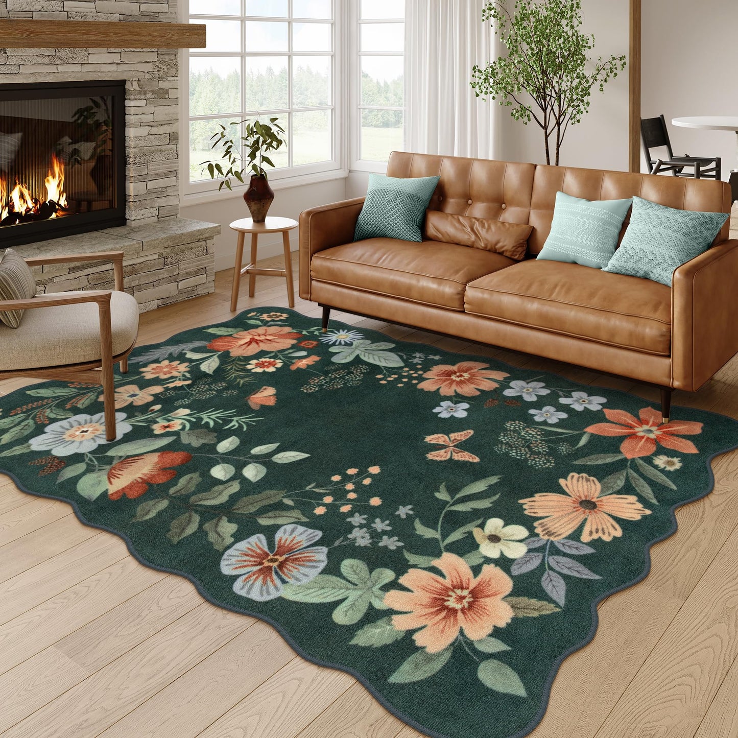 Lahome Floral Living Room Rugs, Area Rugs 5x7 Rug for Bedroom Ultra-Thin Soft Rug, Non-Slip Washable Rugs Stain Resistant Boho Rug Flore Throw Rug for ‎Dining Room Office (5x7ft,Green)