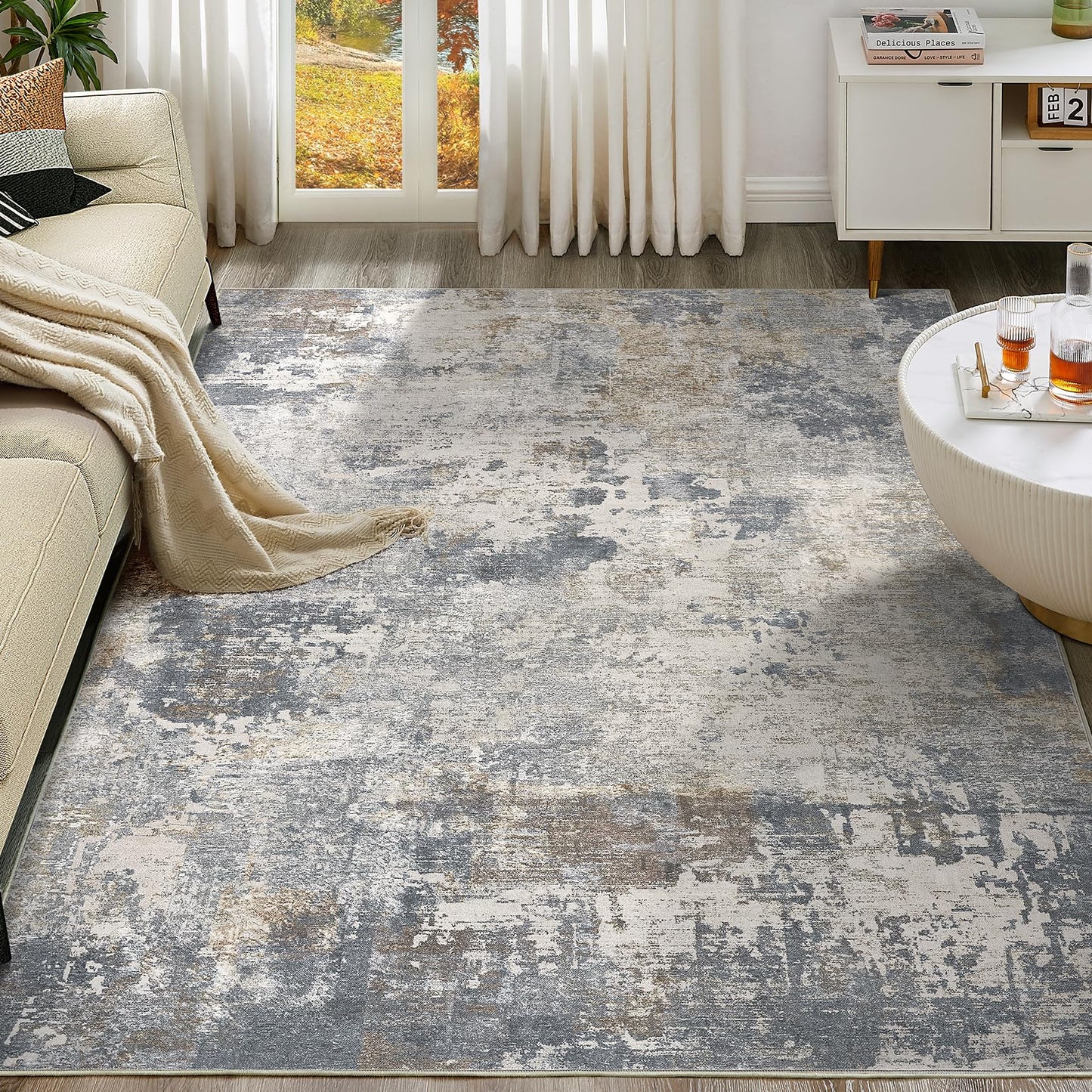 UERMEI 9x12 Area Rug Living Room Rugs - Washable Neutral Modern Abstract Soft Thin Large Rug Indoor Floor No Slip Rug Carpet for Bedroom Under Dining Table Home Office Decor - Brown Grey