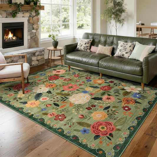 5x7 Washable Area Rug Green Boho Floral for Living Room Bedroom Nursery | Carpet for Dining Room, Soft Low-Pile Non-Slip Faux Wool, Farmhouse Indoor, Kid & Pet Friendly, Stain, Fade & Wear Resistant