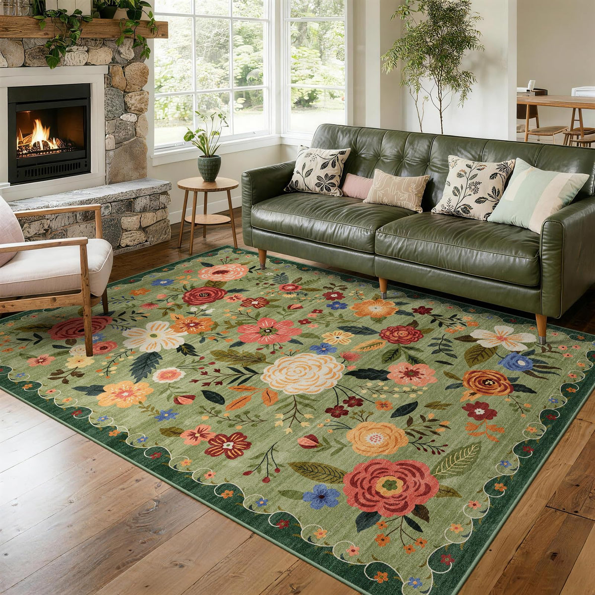 5x7 Washable Area Rug Green Boho Floral for Living Room Bedroom Nursery | Carpet for Dining Room, Soft Low-Pile Non-Slip Faux Wool, Farmhouse Indoor, Kid & Pet Friendly, Stain, Fade & Wear Resistant