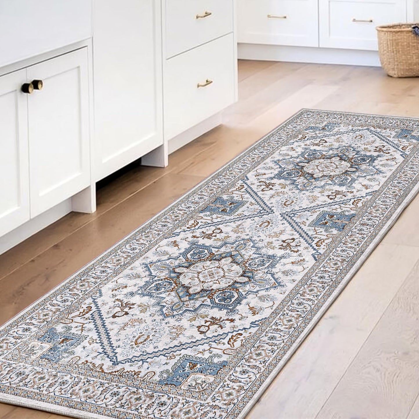 OPPODREAM Soft Area Rugs 5x7, Persian-Inspired Washable Rug, Blue & Gold | Low-Pile Faux Cashmere Surface, TPR Non-Slip Backing, 5 x 7 Carpet for Bedroom, Office, Dorm, Dining Room