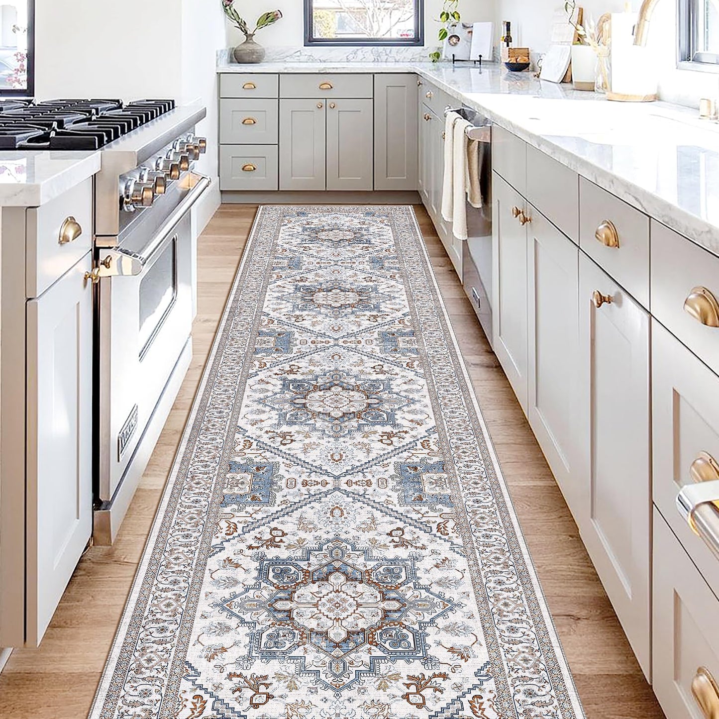 OPPODREAM Soft Area Rugs 5x7, Persian-Inspired Washable Rug, Blue & Gold | Low-Pile Faux Cashmere Surface, TPR Non-Slip Backing, 5 x 7 Carpet for Bedroom, Office, Dorm, Dining Room