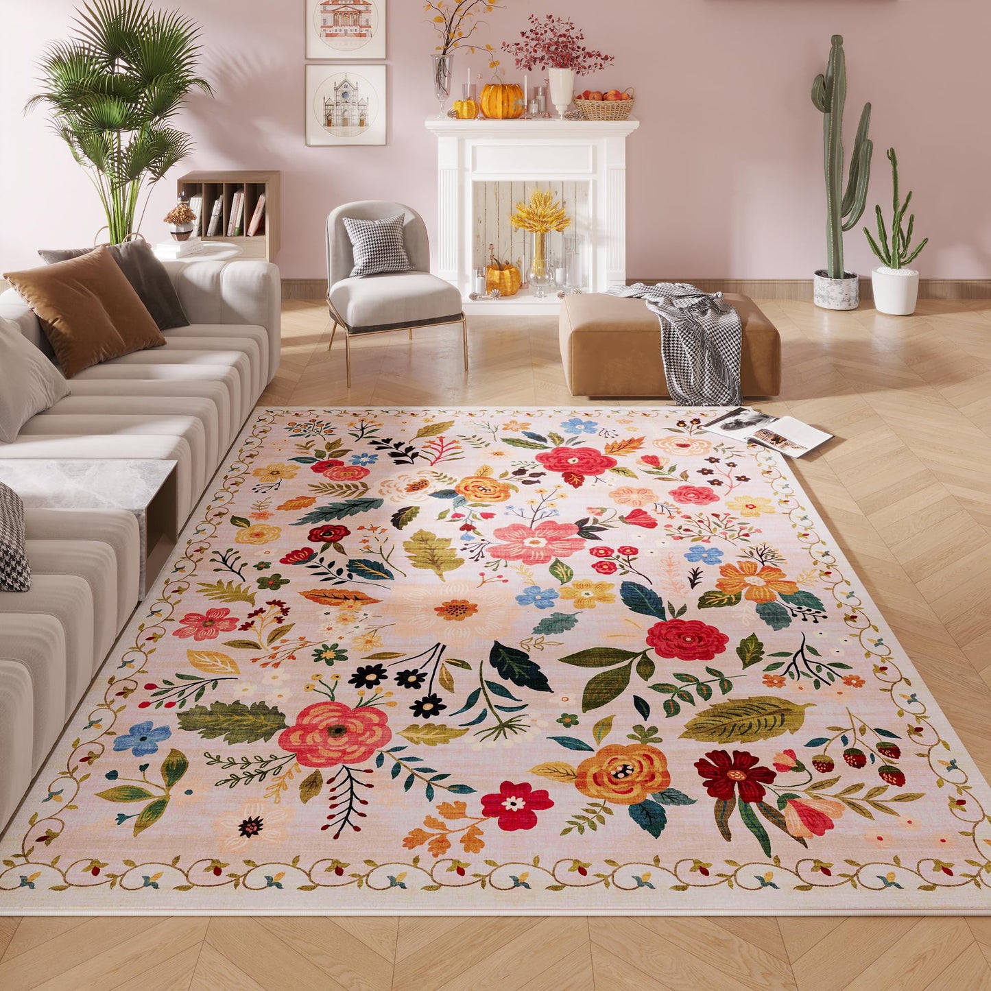 Rugcomf Living Room Rug 5x7 Rug Machine Washable Boho Area Rug Non Slip Floral Vintage Low Pile Large Rugs for Living Room, Bedroom, Farmhouse, Dining Room, Kids Playroom(Black)