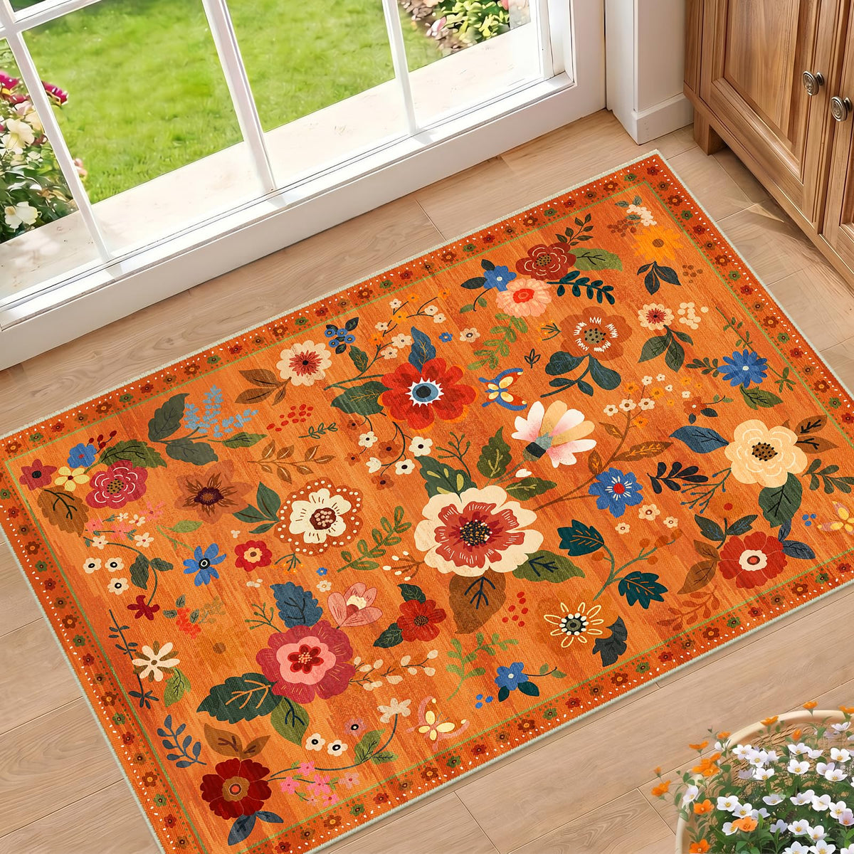 RELEANY Floral Washable 5x7 Area Rugs Black | Flower Carpet, Print, Boho, Non-Slip, Easy to Clean, Soft, Low Pile for Living Room Bedroom Kitchen Office Entryway Hallway