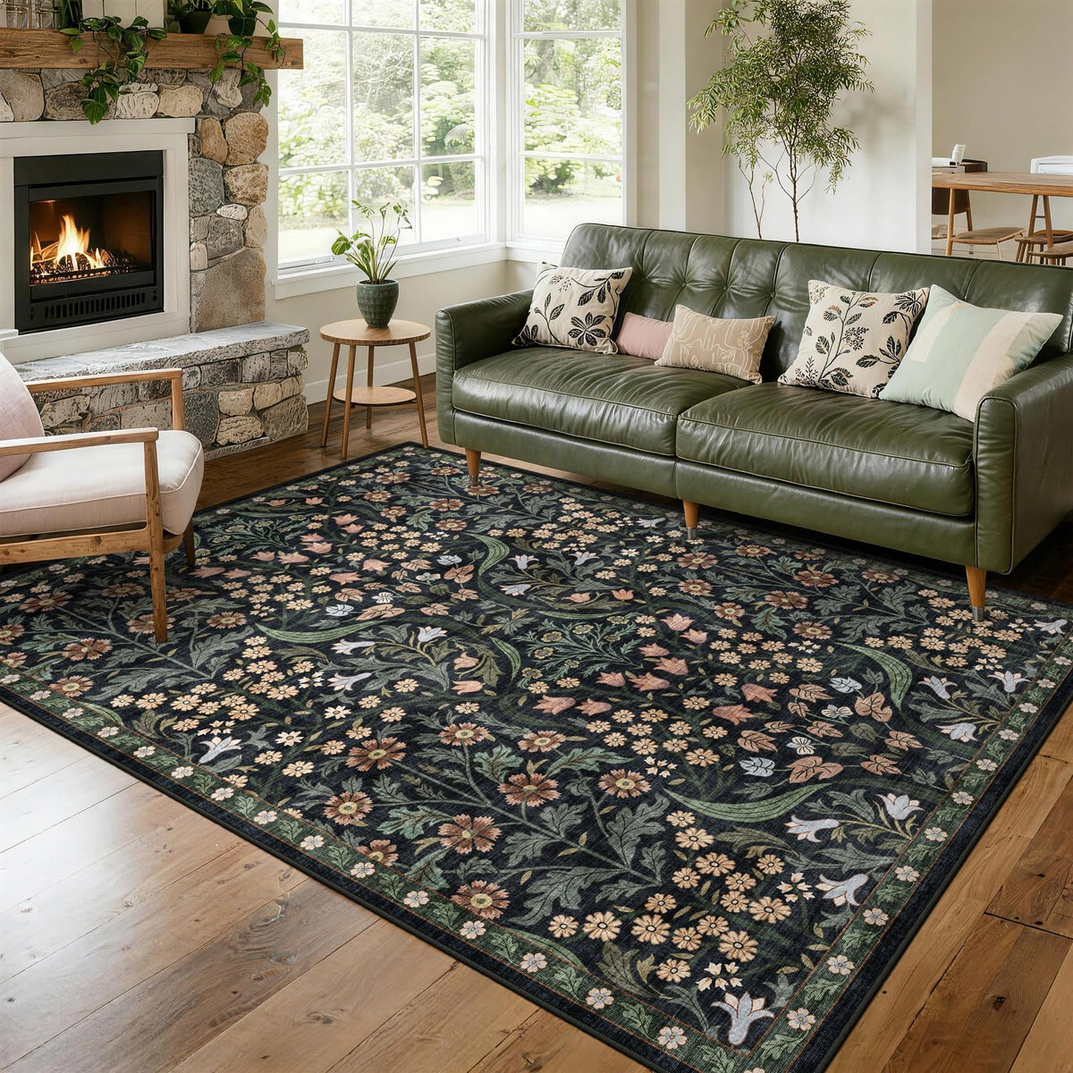 5x7 Washable Area Rug Green Boho Floral for Living Room Bedroom Nursery | Carpet for Dining Room, Soft Low-Pile Non-Slip Faux Wool, Farmhouse Indoor, Kid & Pet Friendly, Stain, Fade & Wear Resistant