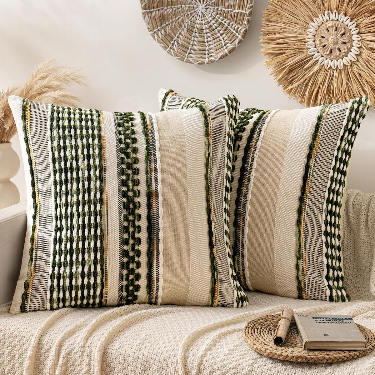 ANRODUO Boho Decorative Pillow Covers Olive Green Stripe 18x18 Pack of 2 | Throw Pillow Covers, Farmhouse Cushion Case, Chenille Pillow Cases, Pillow Covers, Accent Neutral Pillowcase for Couch Bed