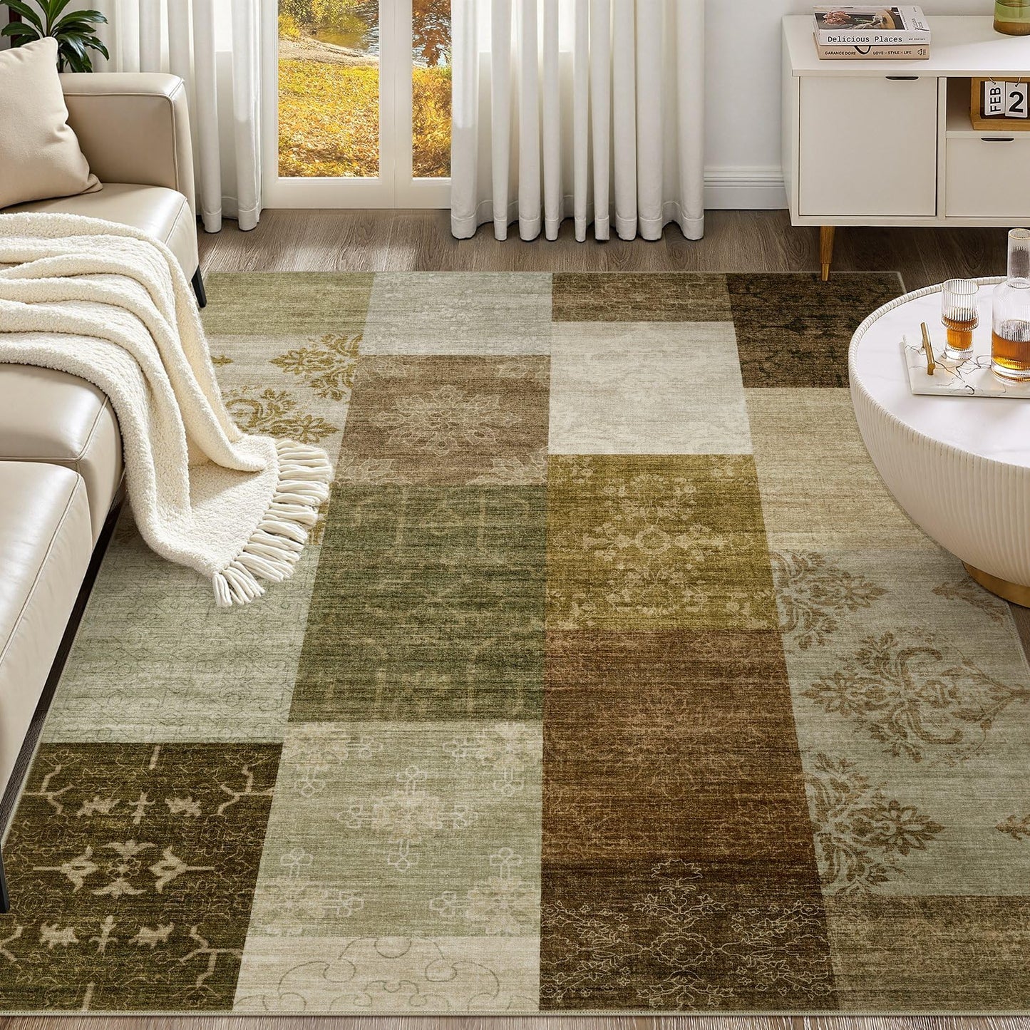 UERMEI 9x12 Area Rug Living Room Rugs - Washable Neutral Modern Abstract Soft Thin Large Rug Indoor Floor No Slip Rug Carpet for Bedroom Under Dining Table Home Office Decor - Brown Grey