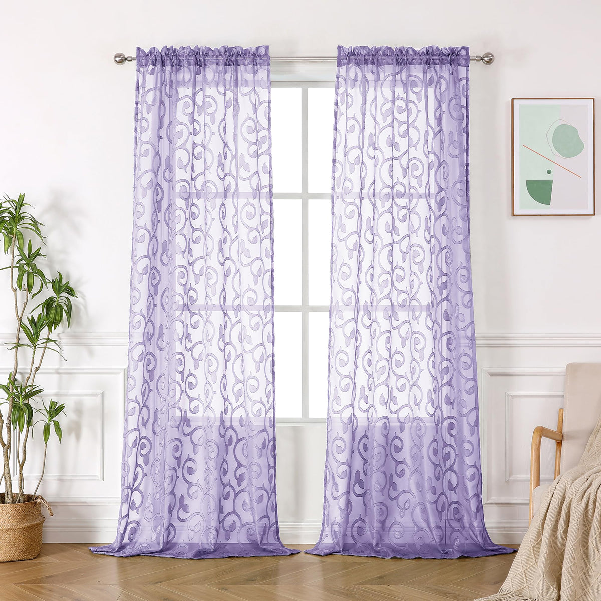 Furman Ivory Sheer Curtains 84 inches Long for Bedroom Living Room 2 Panels Set, Jacquard Clip Light Filtering Semi Sheer Curtain Rod Pocket Window Drapes, 2 Pcs Each 40 W 84 L